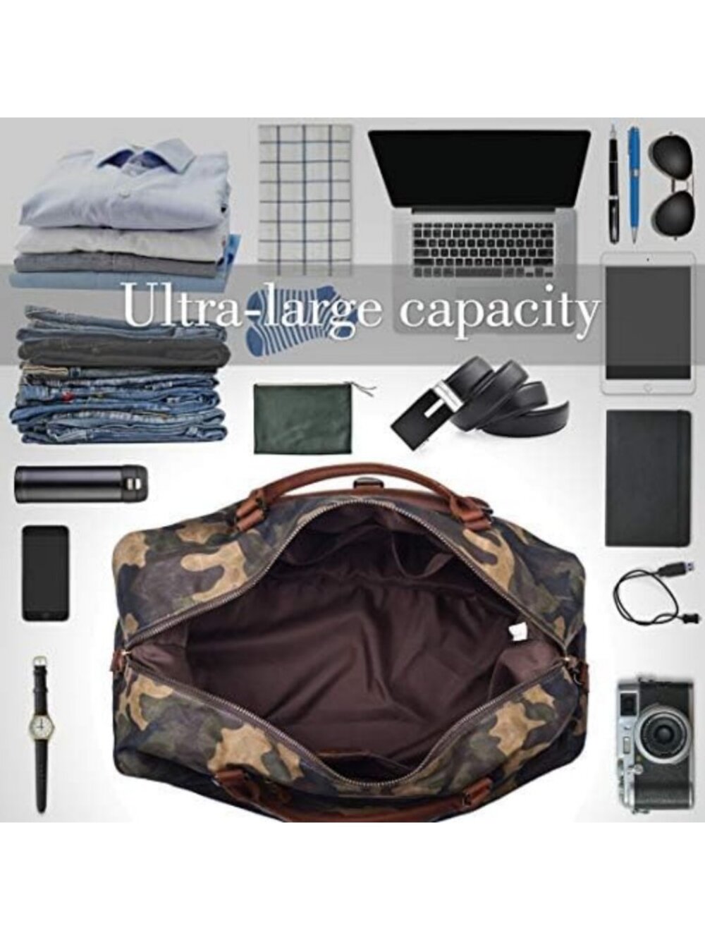 Waterproof Oversized Canvas Duffel Bag - Leather Trim Weekender Travel Tote - Picture 4 of 7
